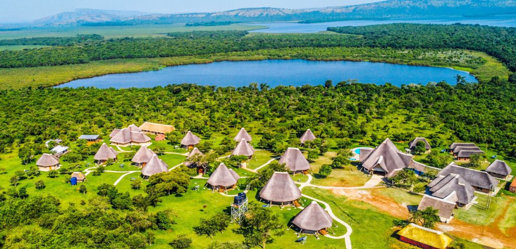 An aerial view of Lake Kigambira alongside Kigambira Safari Lodge